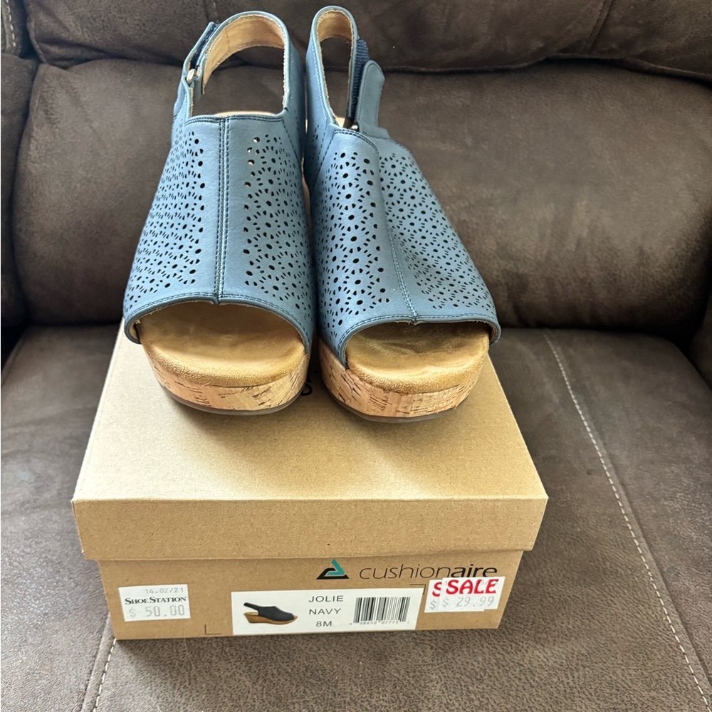 Jolie Navy Perforated Cork Wedge Sandals